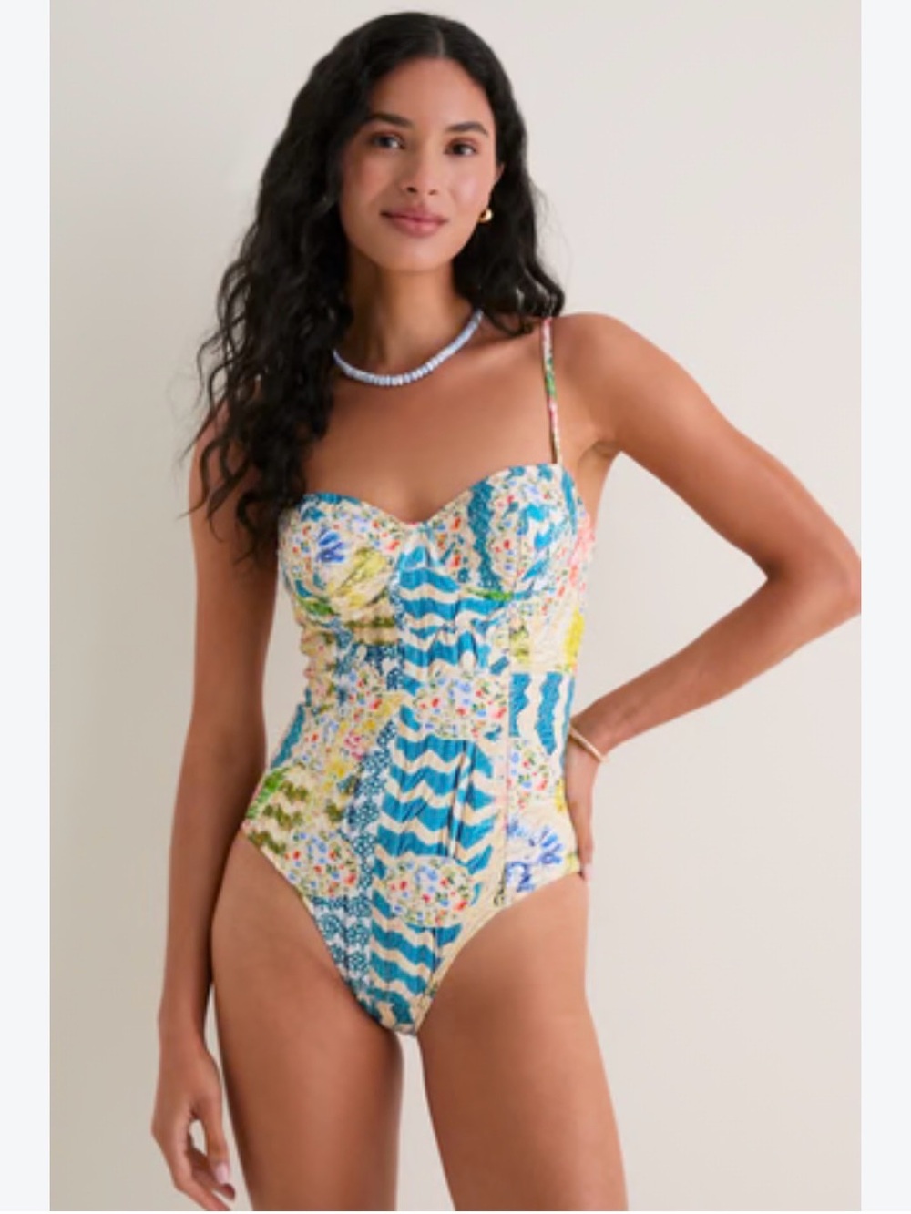 HUNTER BELL Cream & Blue Floral Stripe One-Piece